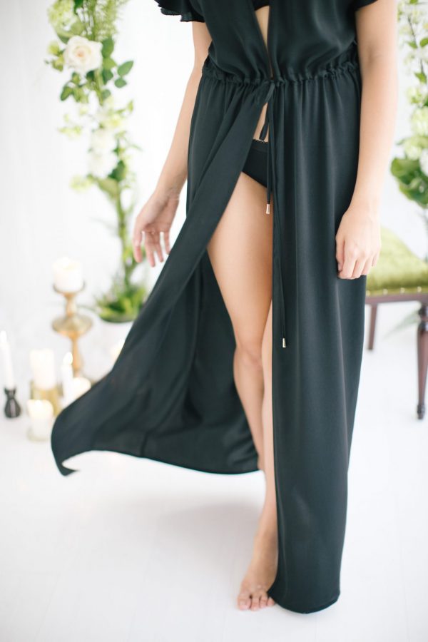 Ines Long Silk Satin Robe Black